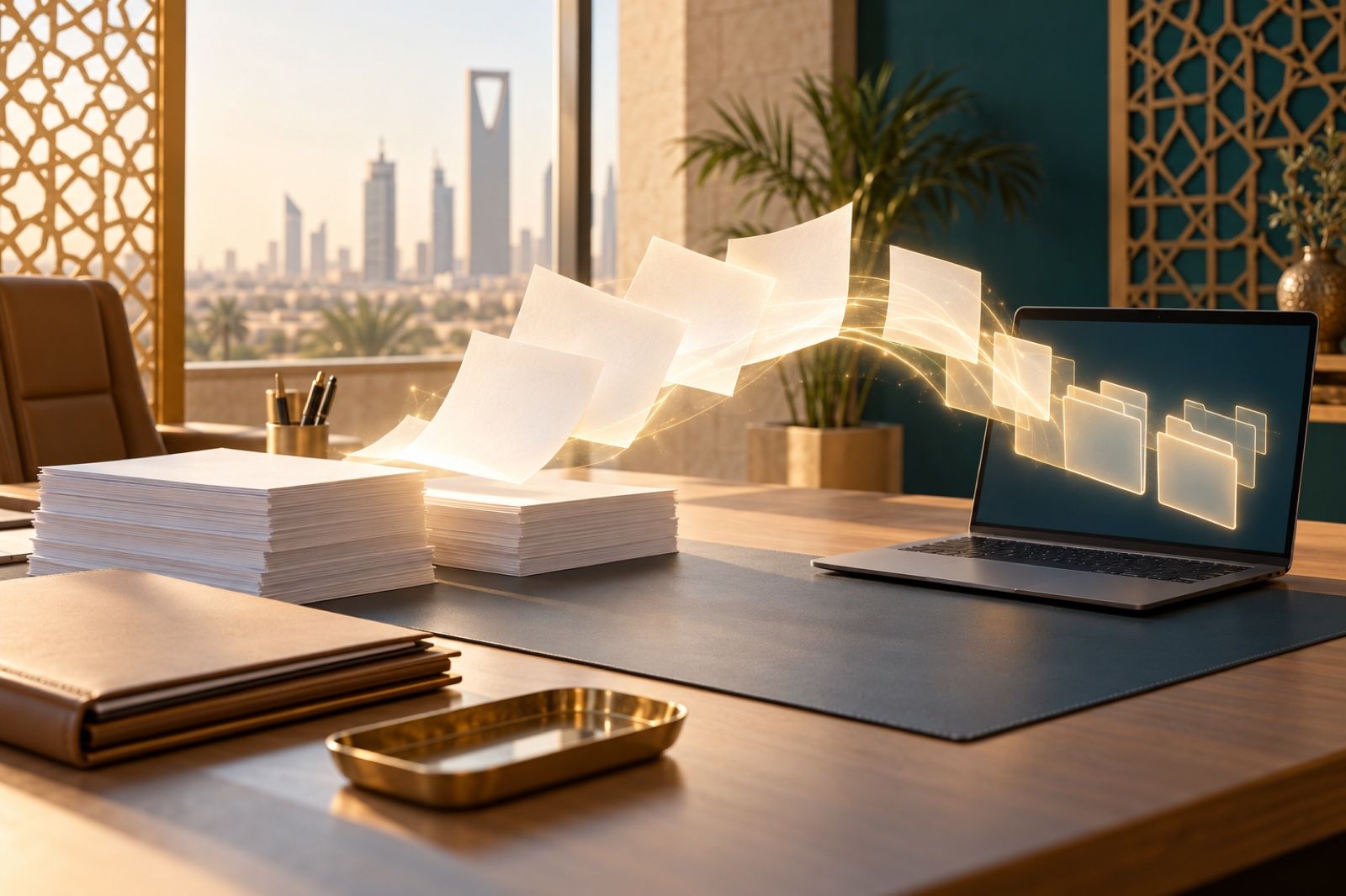 مكتب سعودي حديث تتحول فيه أكوام المستندات الورقية إلى صفحات مضيئة تنتظم في مجلدات رقمية فوق حاسوب محمول