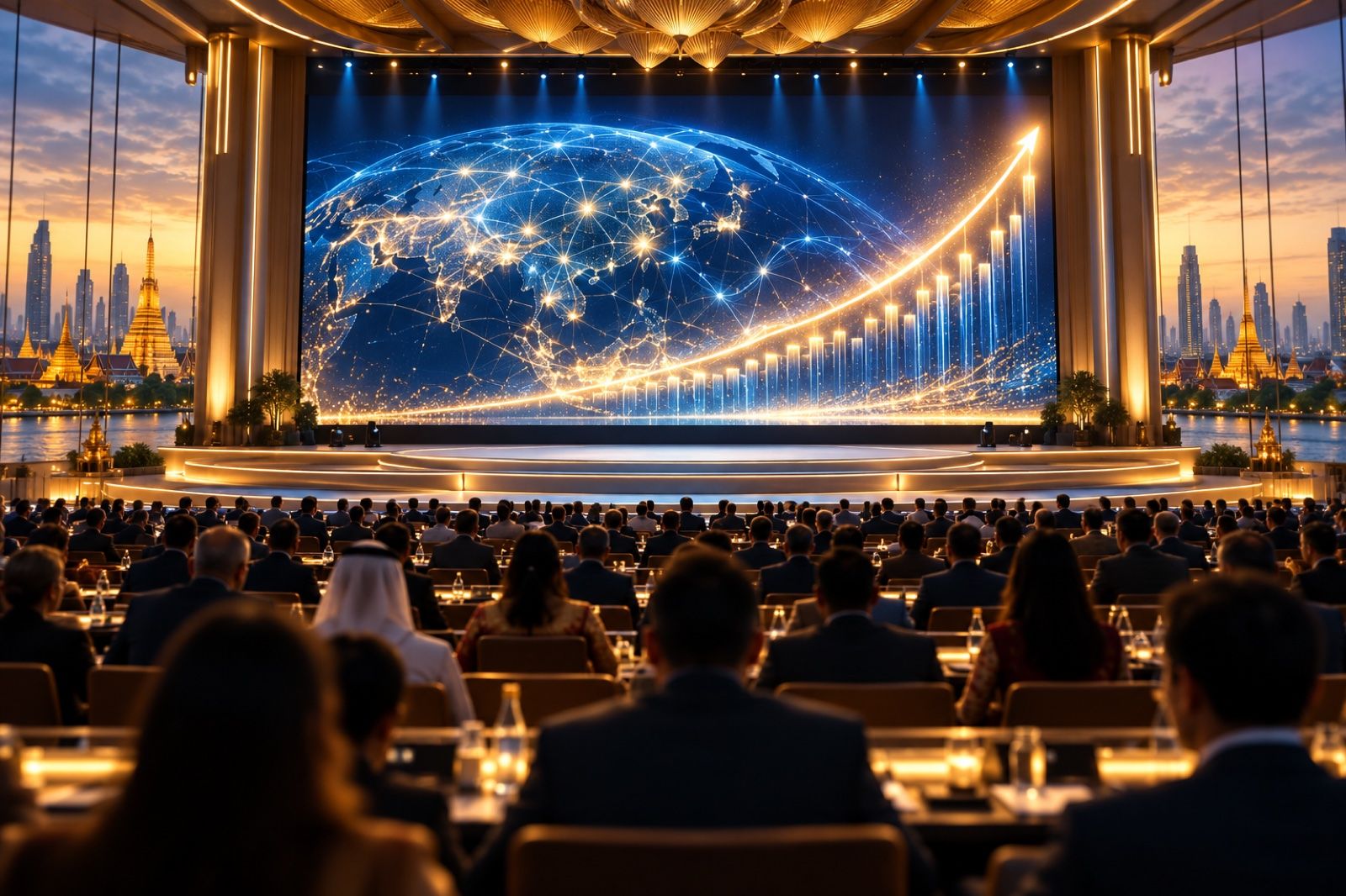 Delegates in a Bangkok conference hall facing a giant screen with a glowing connected globe and a rising growth chart