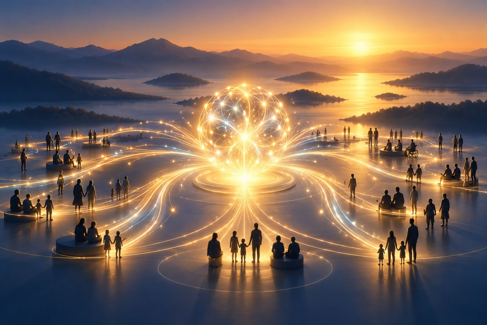 Abstract illustration of a glowing AI core sharing streams of light with a community, symbolizing a public benefit fund