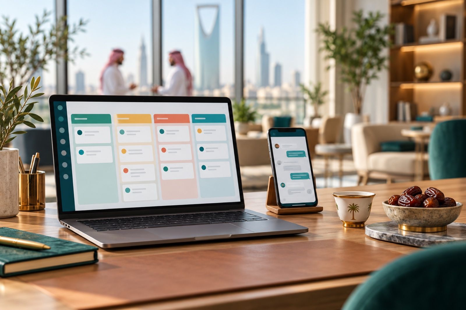 مكتب مبيعات سعودي حديث فيه حاسوب يعرض لوحة مسار المبيعات وجوال يعرض محادثات العملاء