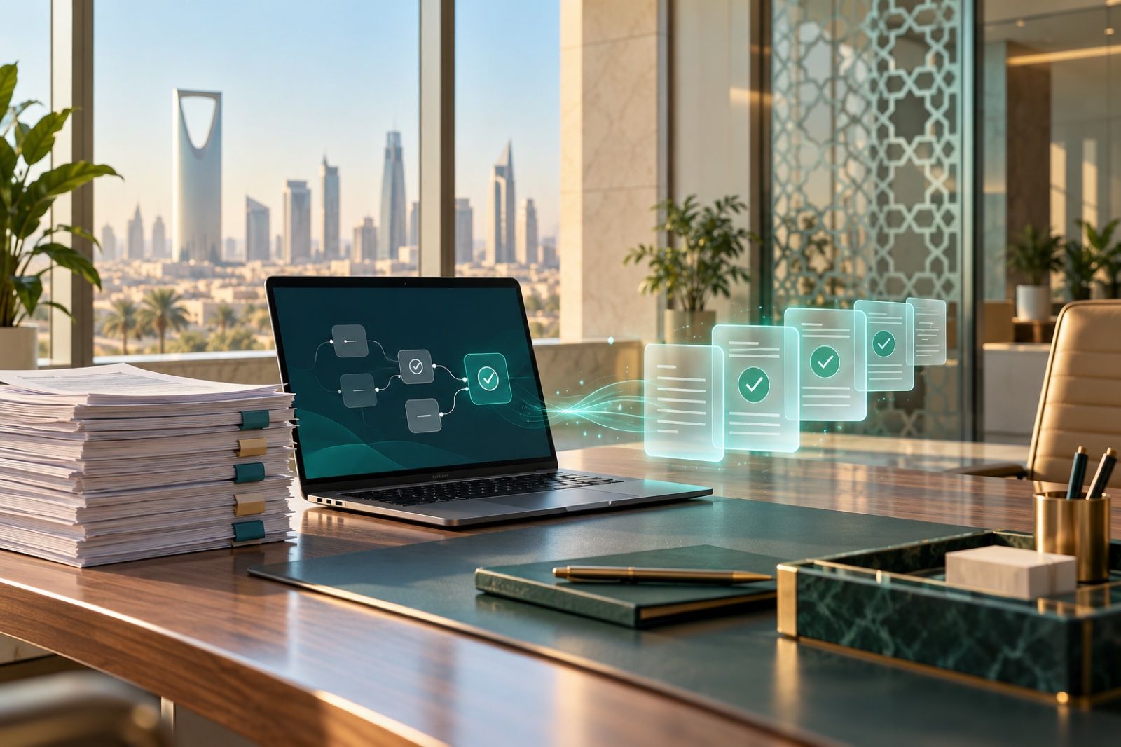 مكتب سعودي حديث تتحول فيه النماذج الورقية إلى بطاقات موافقة رقمية بجانب حاسوب يعرض مسار عمل