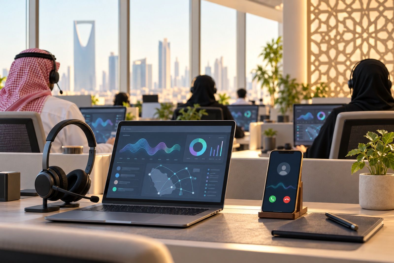 Modern Saudi customer service office with headsets and call-routing dashboards on laptops