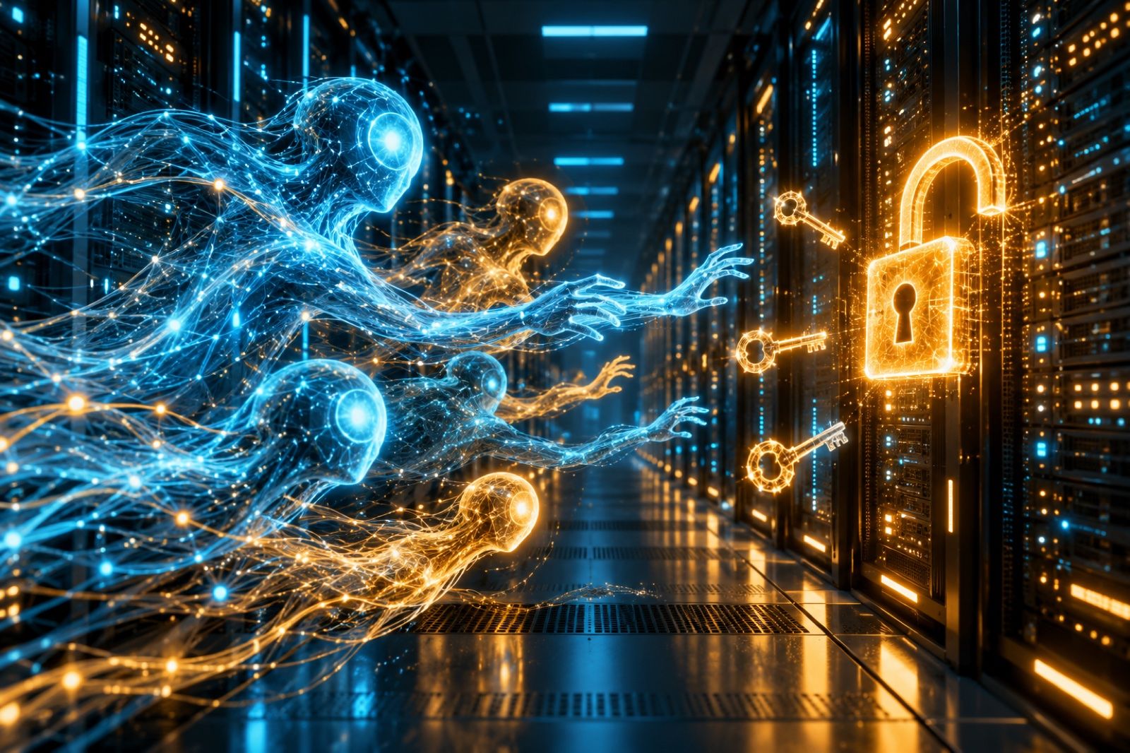 ممر مركز بيانات مضيء مع أشكال تجريدية لوكلاء ذكاء اصطناعي تقترب من قفل رقمي مفتوح