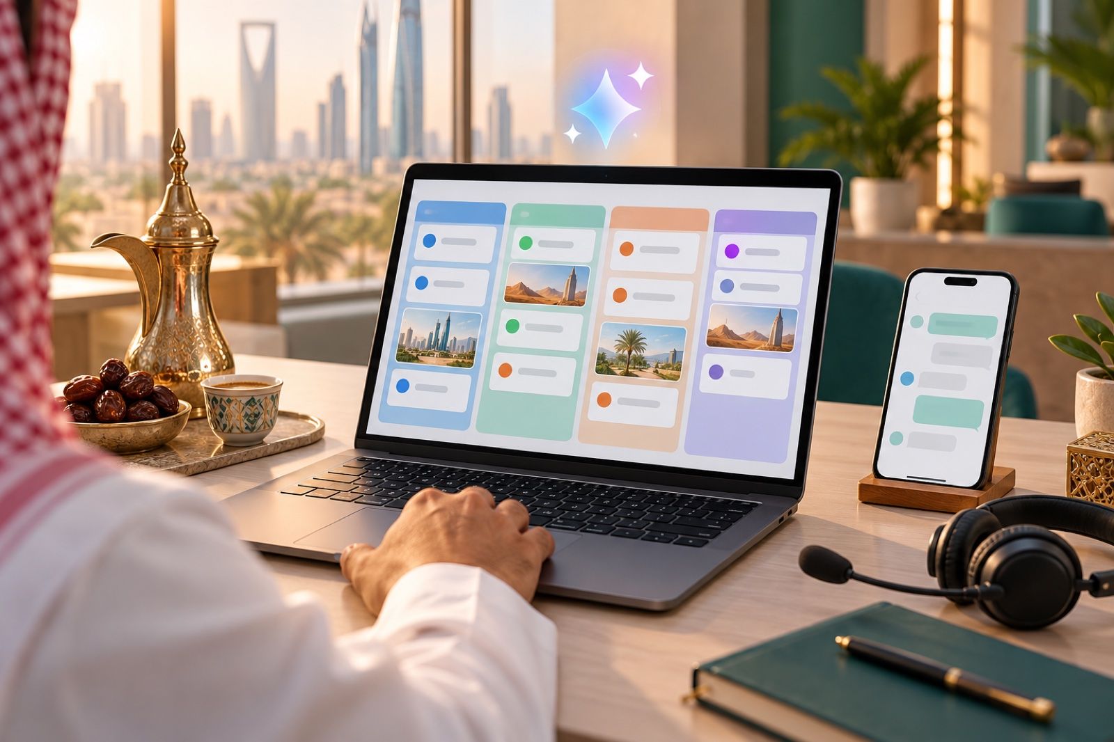 Modern Saudi sales office desk with a laptop showing a sales pipeline, a phone with chats and an AI sparkle