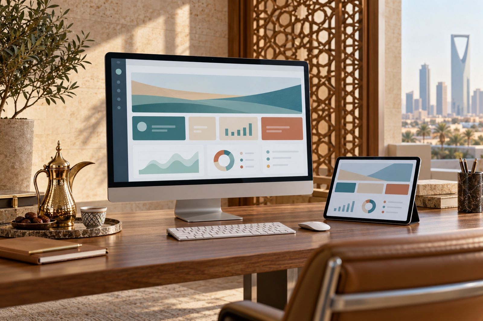 A bright modern Saudi office where a large monitor and tablet show a clean, text-free customer portal layout on a tidy desk