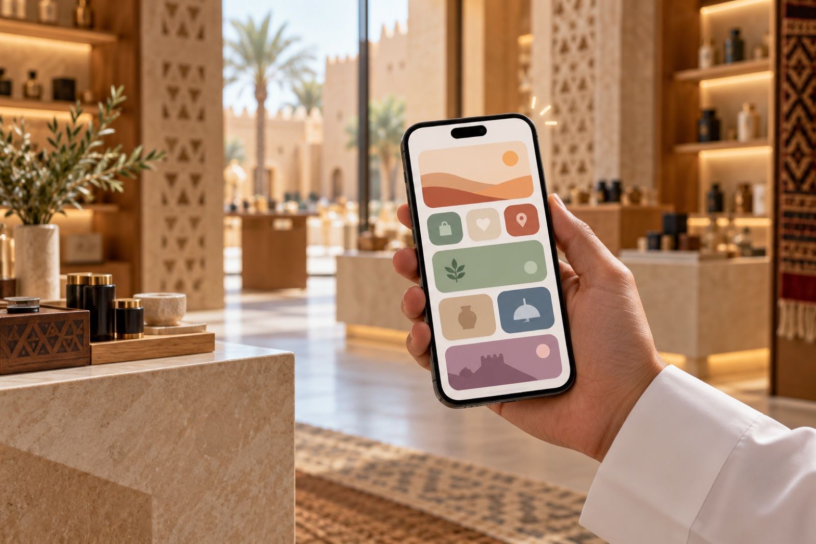 A hand holding a smartphone with a clean app interface inside a modern Saudi retail shop