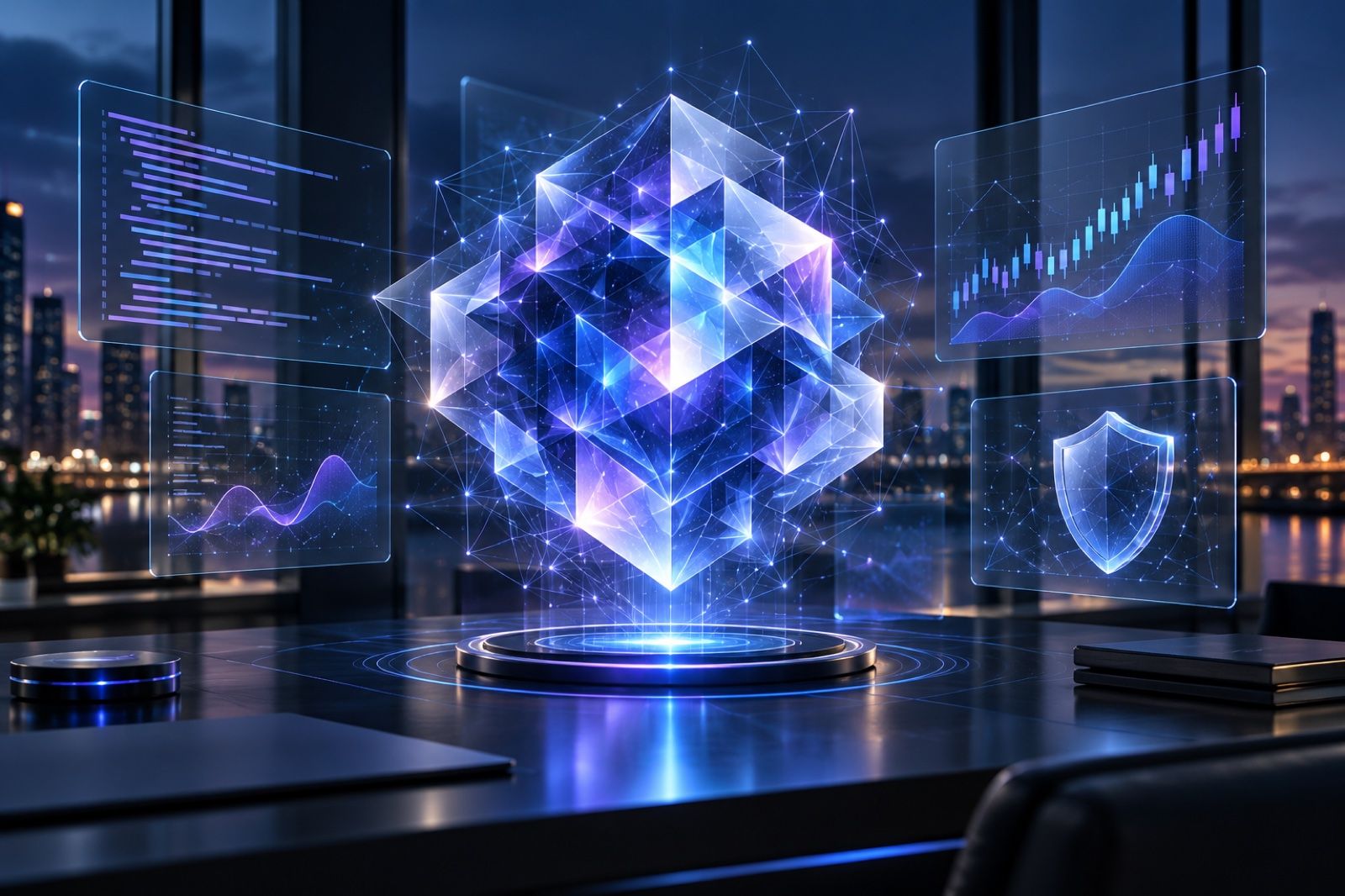 نواة ذكاء اصطناعي بلّورية مضيئة فوق مكتب مع لوحات رقمية للشيفرة والرسوم البيانية، تعبيرًا عن نموذج Gemini 4 Argon من جوجل