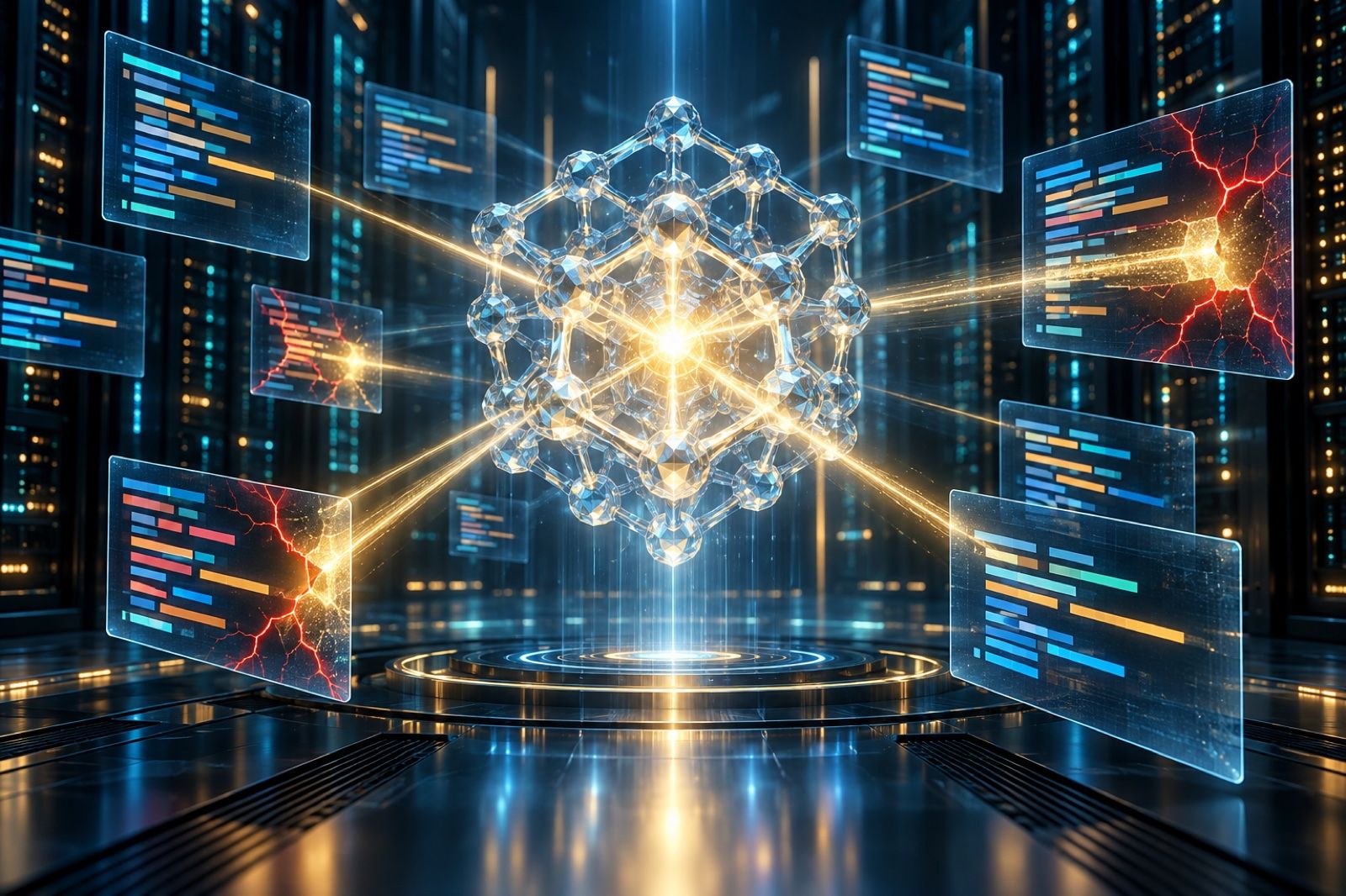 A glowing crystalline AI core in a server hall scanning floating code panels and sealing red cracks with golden light