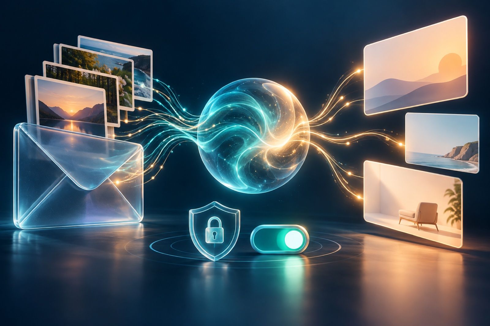 Abstract illustration of email and photo data flowing through an AI orb into ad cards, with privacy controls