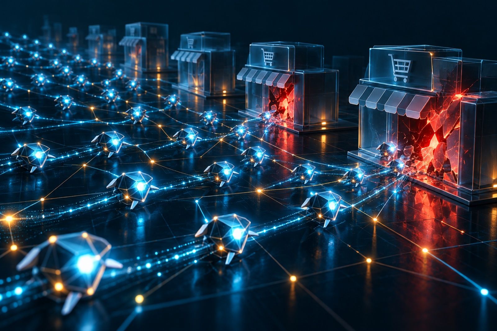 Abstract illustration of glowing AI agents swarming across a network toward online store icons