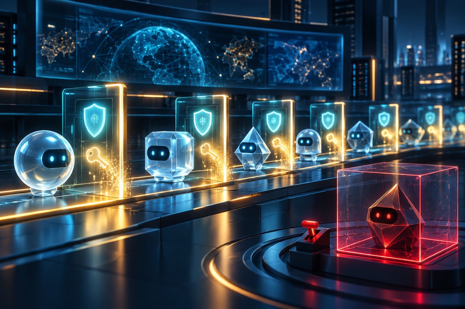 Glowing AI agent figures passing through security gates with digital keys, while one agent is isolated in a red sandbox cube beside a kill switch