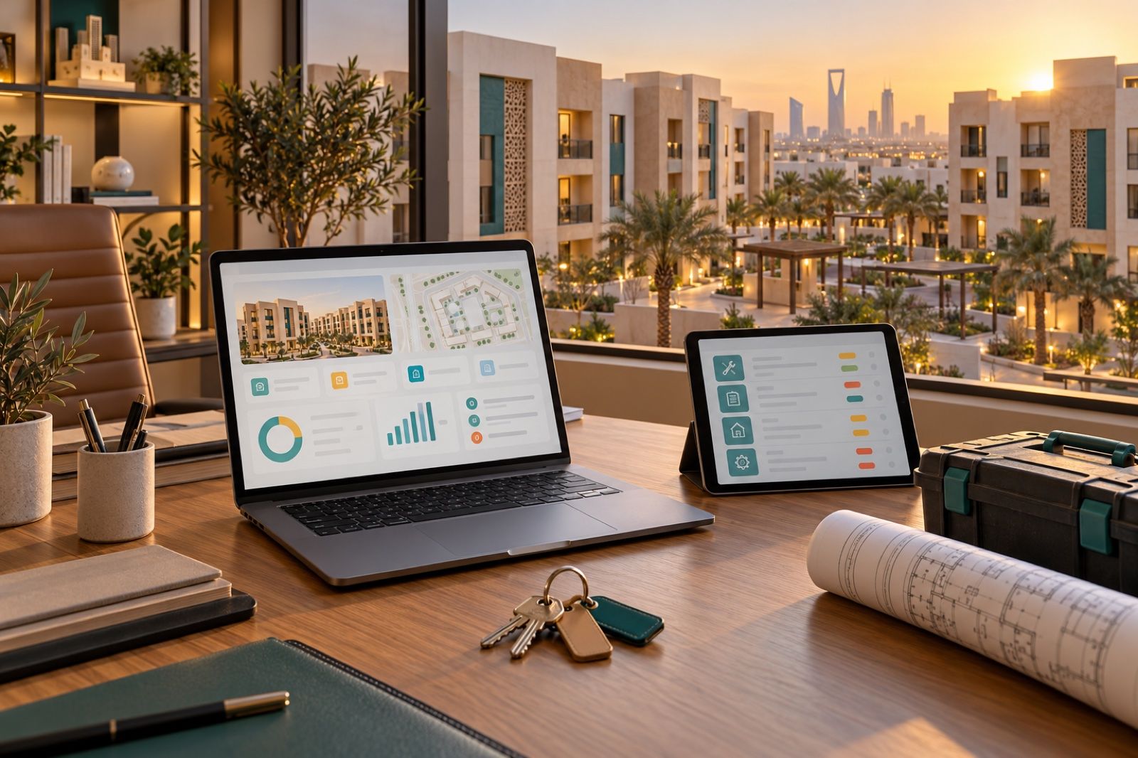A property management office desk with a tablet showing unit and maintenance cards, apartment keys and a toolbox