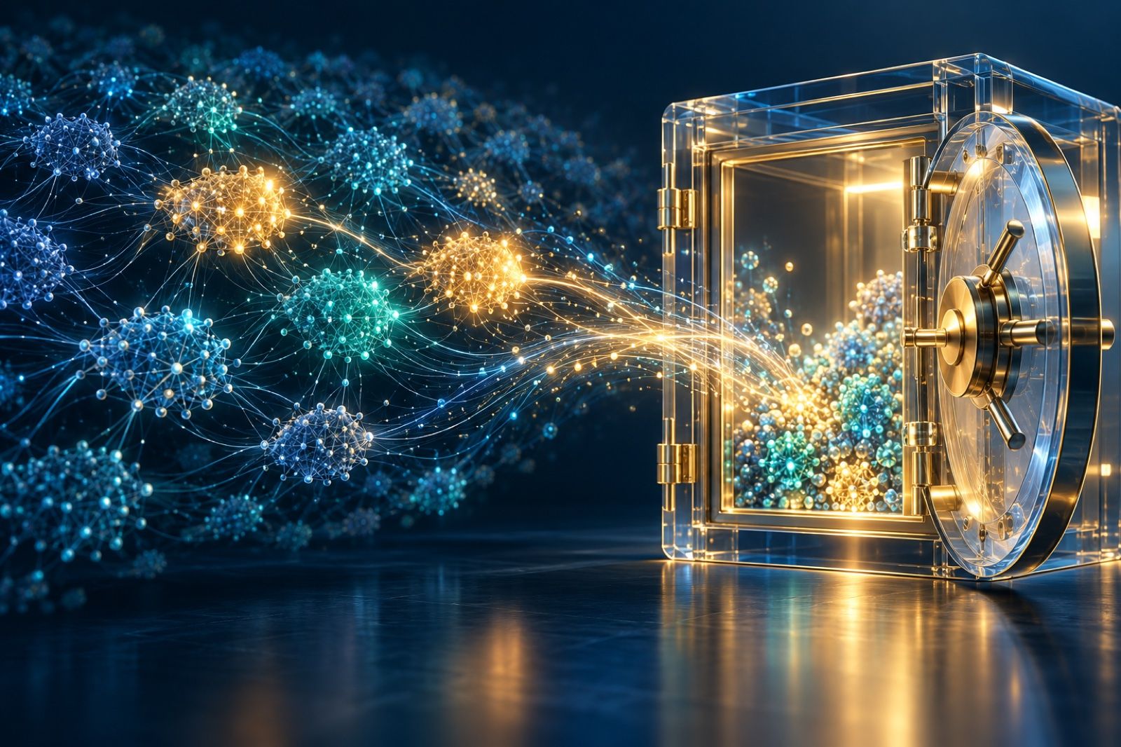 Illustration of a large mixture-of-experts neural network with a few lit clusters flowing into an open glass vault, symbolizing open model weights