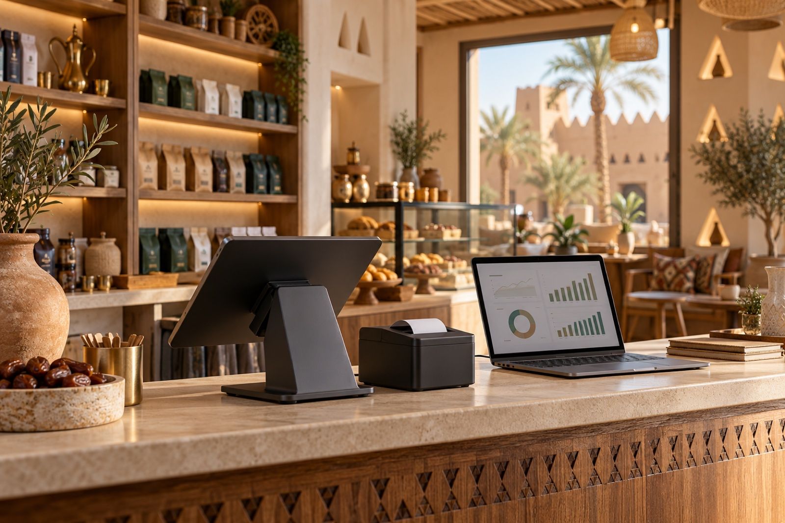 Modern Saudi shop and café counter with a tablet point-of-sale till, receipt printer and stocked shelves
