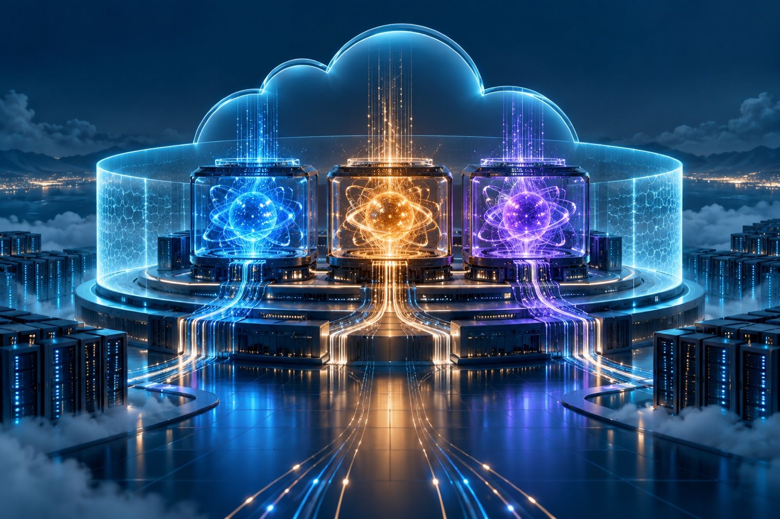Three glowing AI model cores docked side by side inside a secure cloud platform