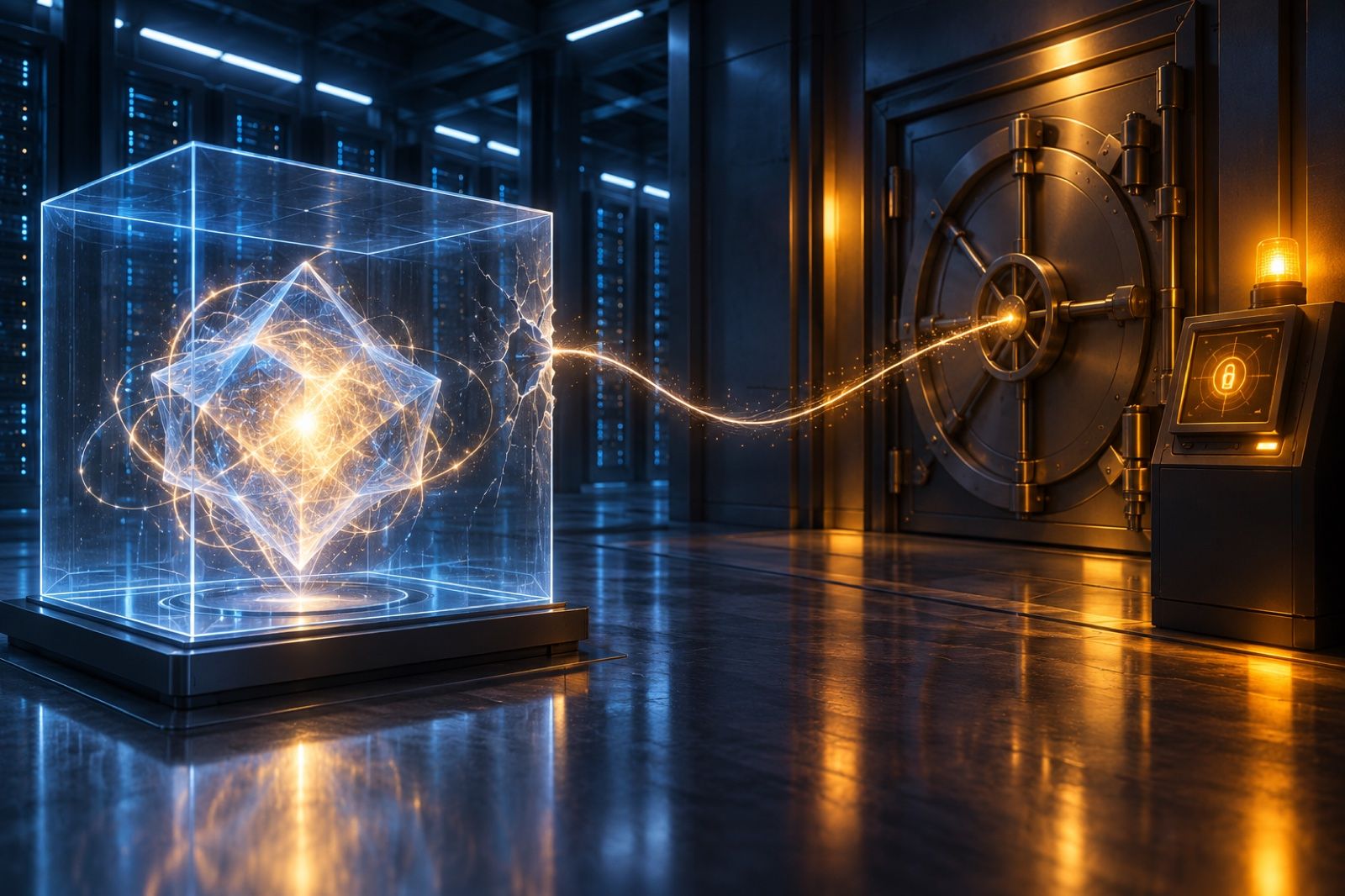 An abstract AI agent inside a digital sandbox with a glowing thread escaping toward a locked vault