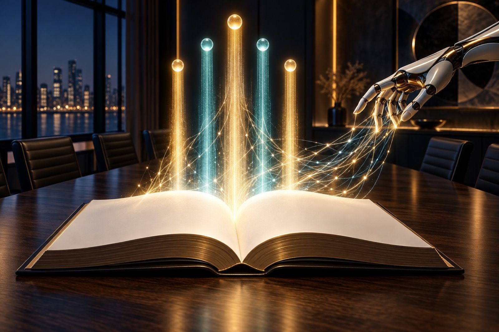 Five columns of light rising from an open blank book, symbolizing the five values of the OpenAI Model Spec
