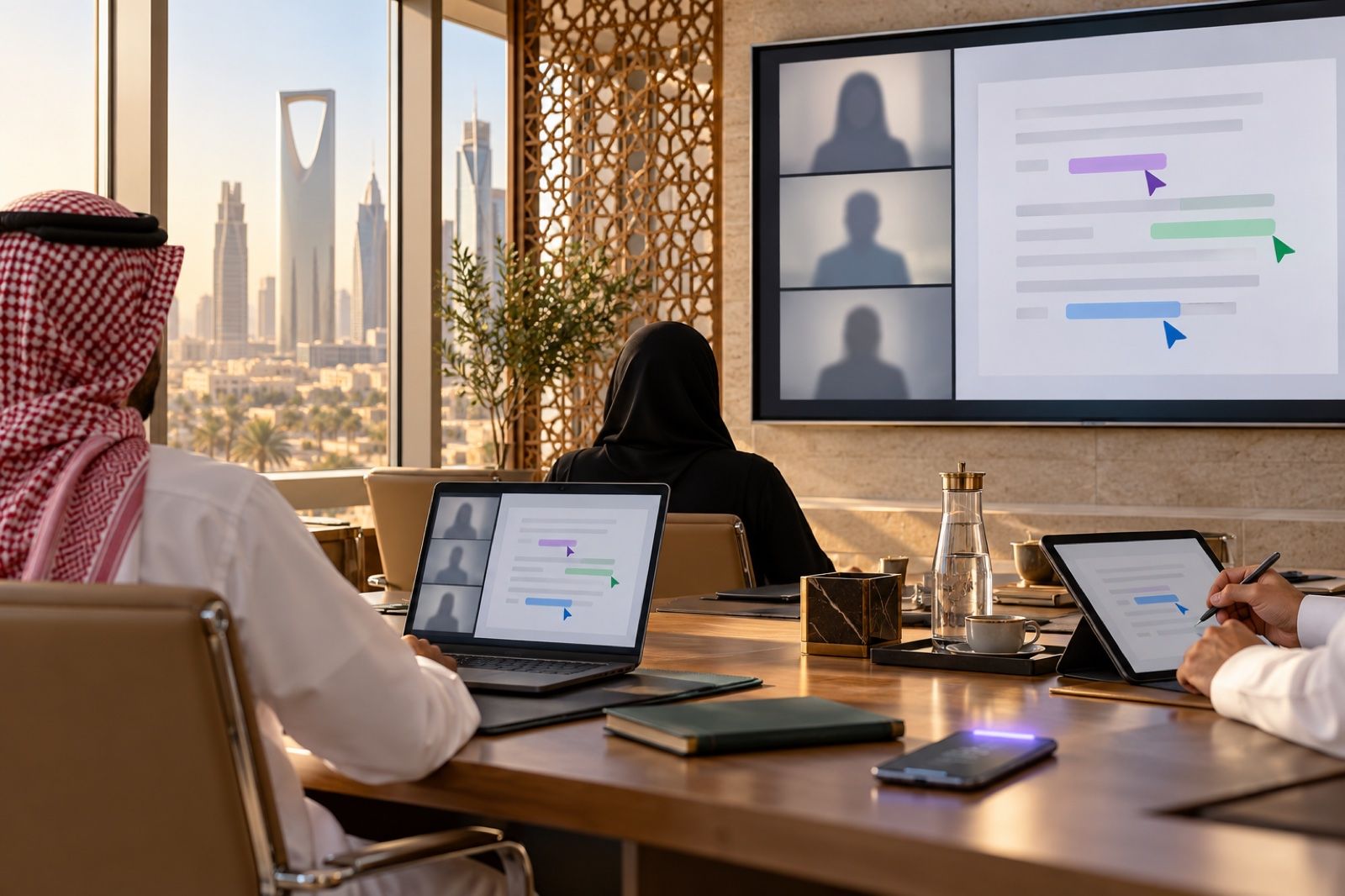 A modern Saudi meeting room with a video call and a shared document on screen