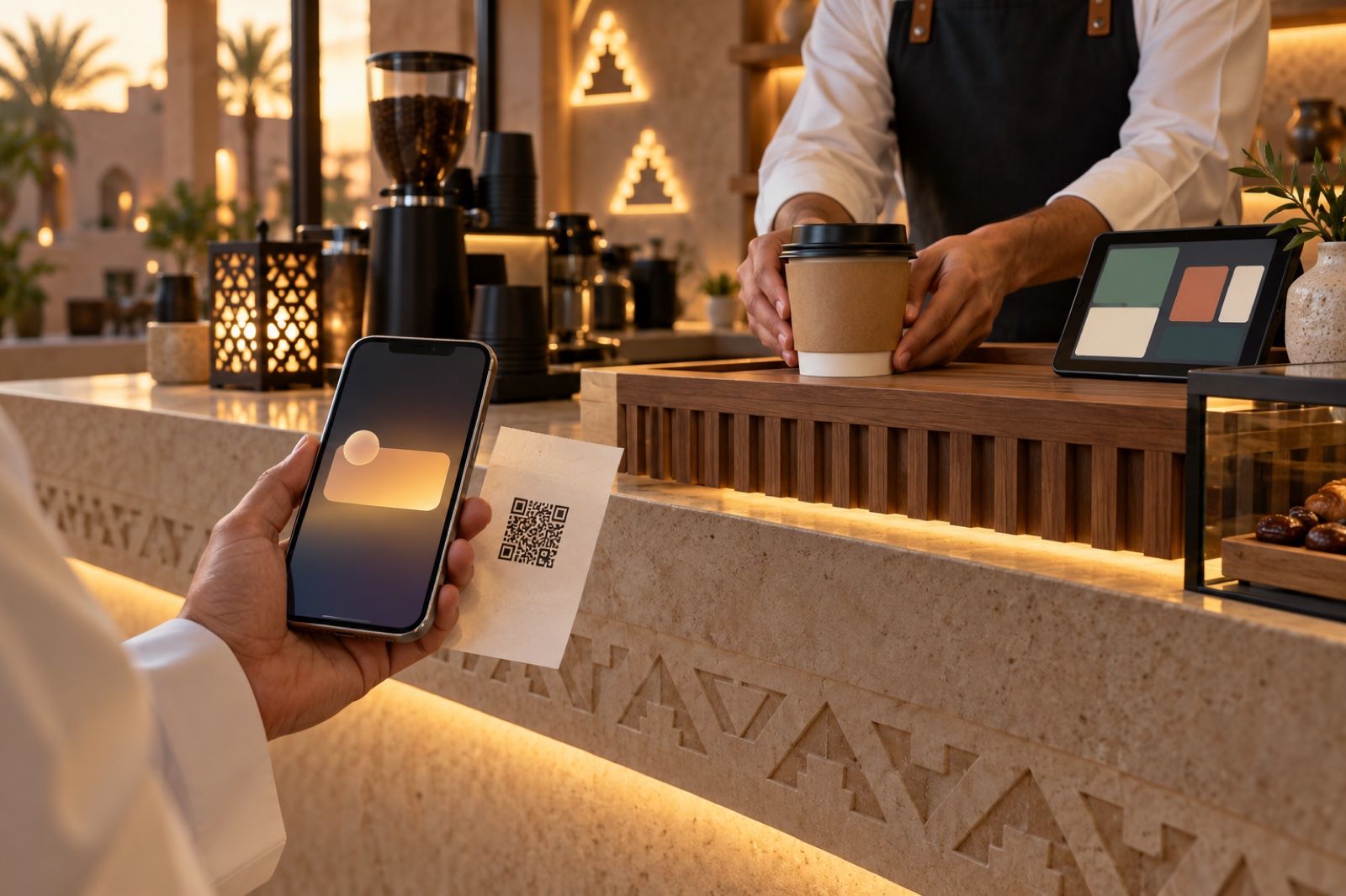 عميل عند كاونتر مقهى سعودي يحمل جوالاً يعرض تنبيه جاهزية الطلب بجانب إيصال برمز QR بينما يقدّم الباريستا القهوة