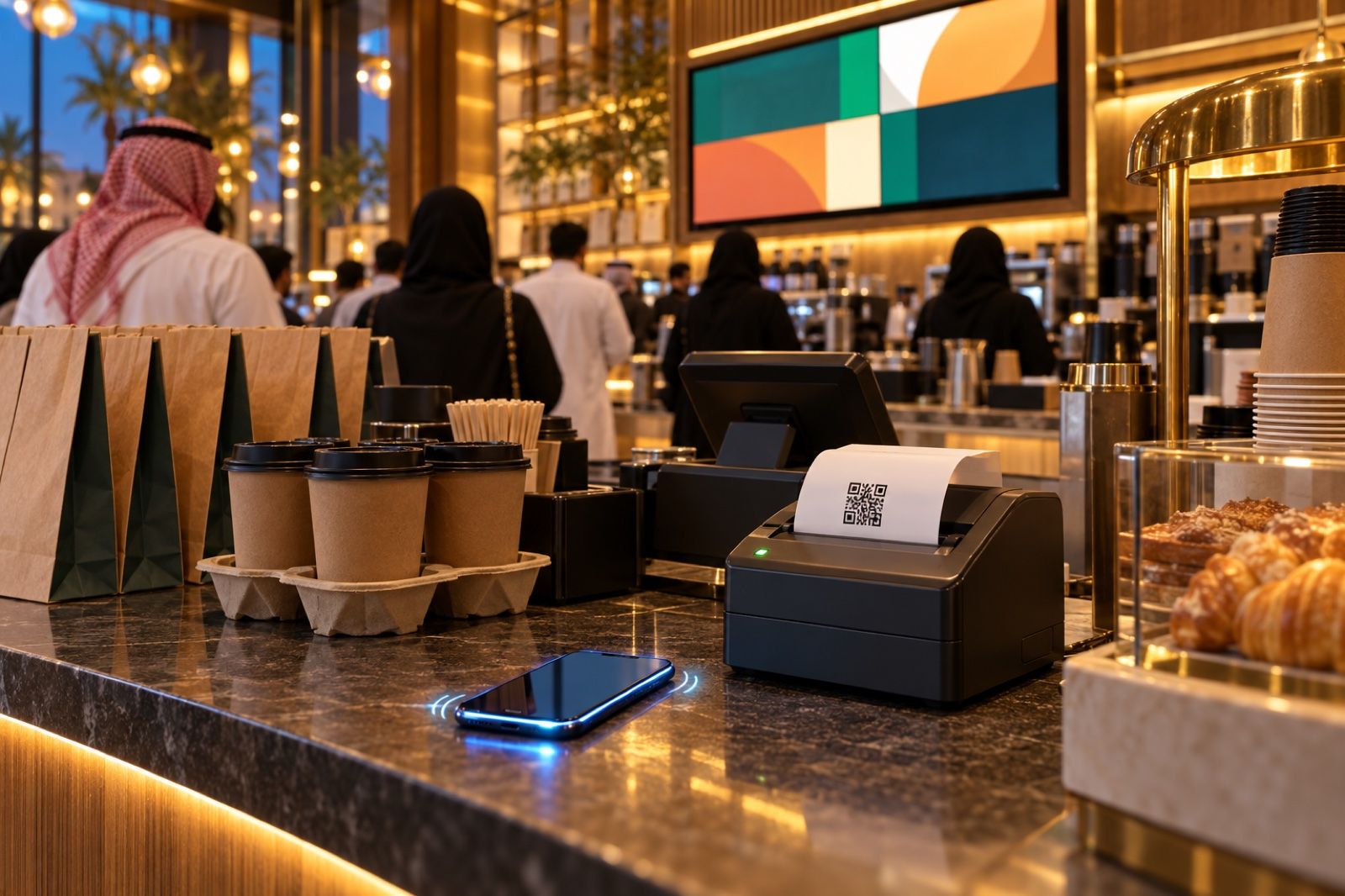 A modern Saudi café takeaway counter at rush hour with a receipt printer, a glowing smartphone and a calling screen above the counter