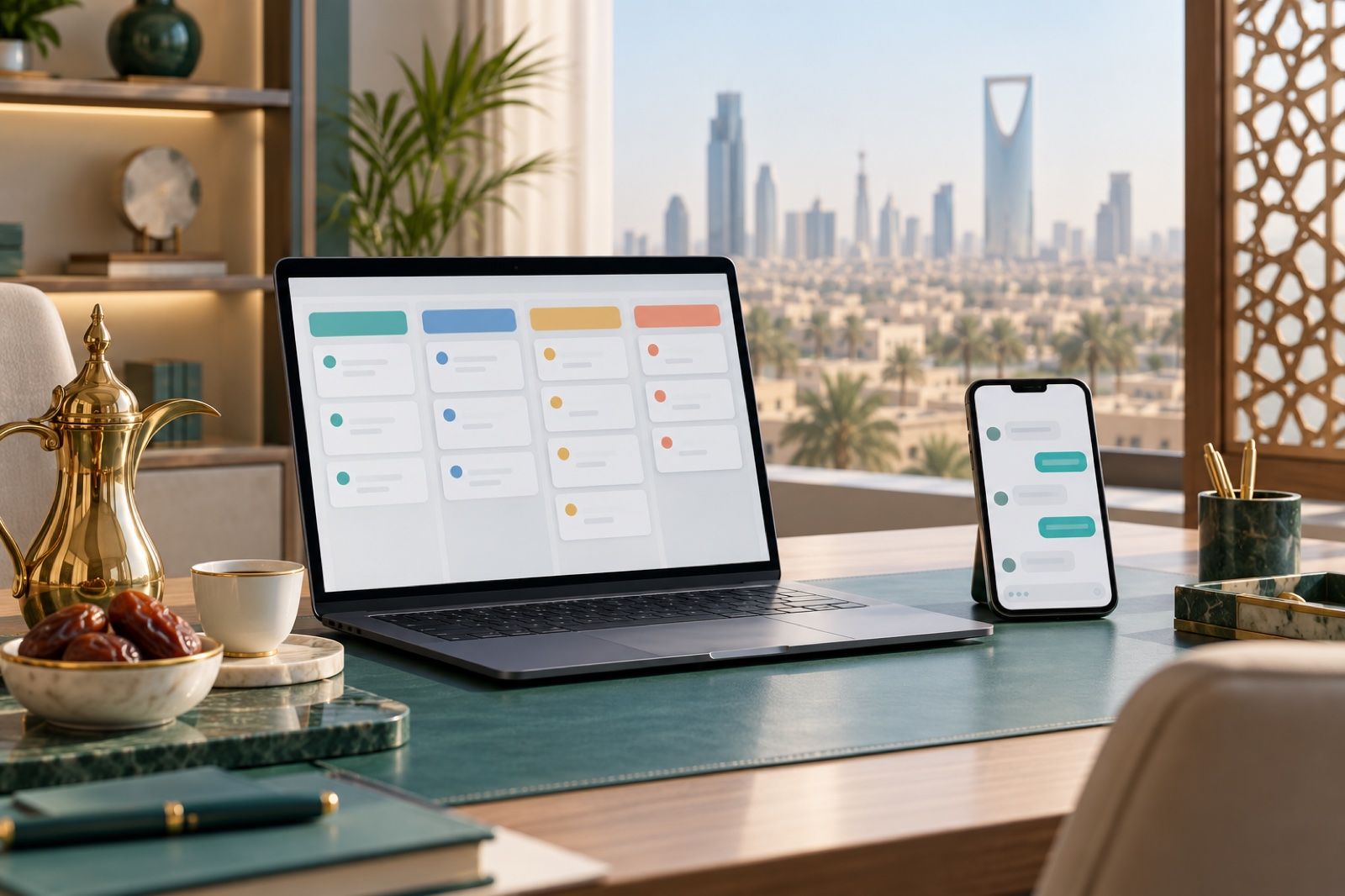 A modern Saudi office sales desk with a laptop showing a sales pipeline board, a phone with a chat, and Arabic coffee