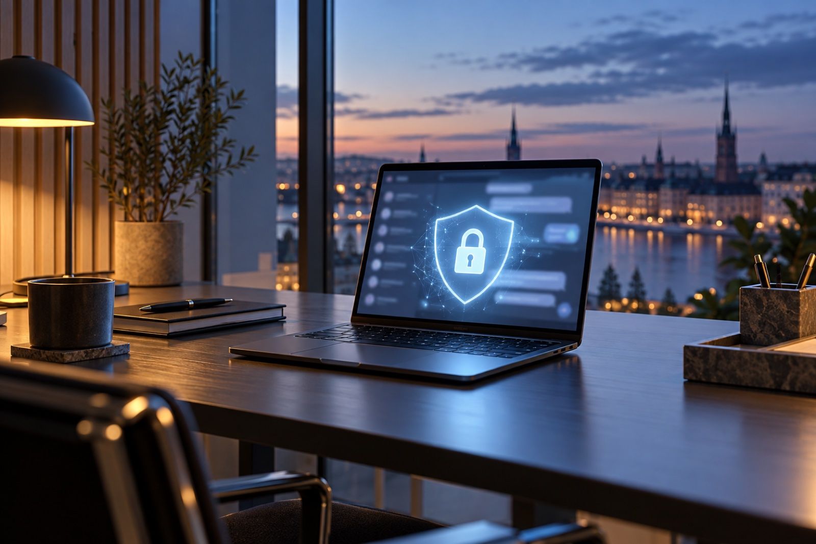 A government office laptop behind a glowing security padlock, symbolising Sweden blocking ChatGPT and Claude on staff computers