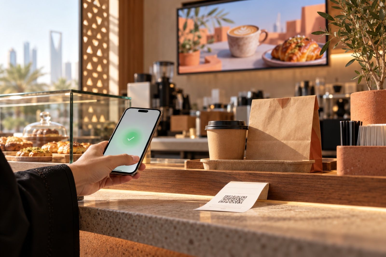 كاونتر استلام في مقهى سعودي عليه إيصال برمز QR وجوال عميل يضيء بتنبيه جهوز الطلب تحت شاشة عروض