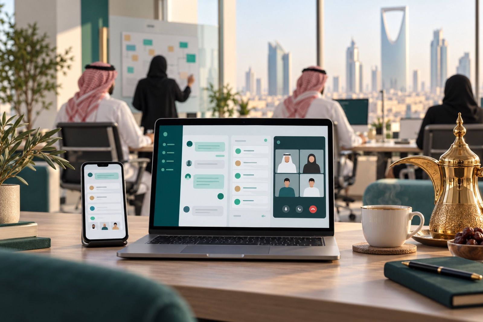 مكتب سعودي حديث عليه حاسوب وجوال يعرضان مساحة عمل موحّدة للفريق