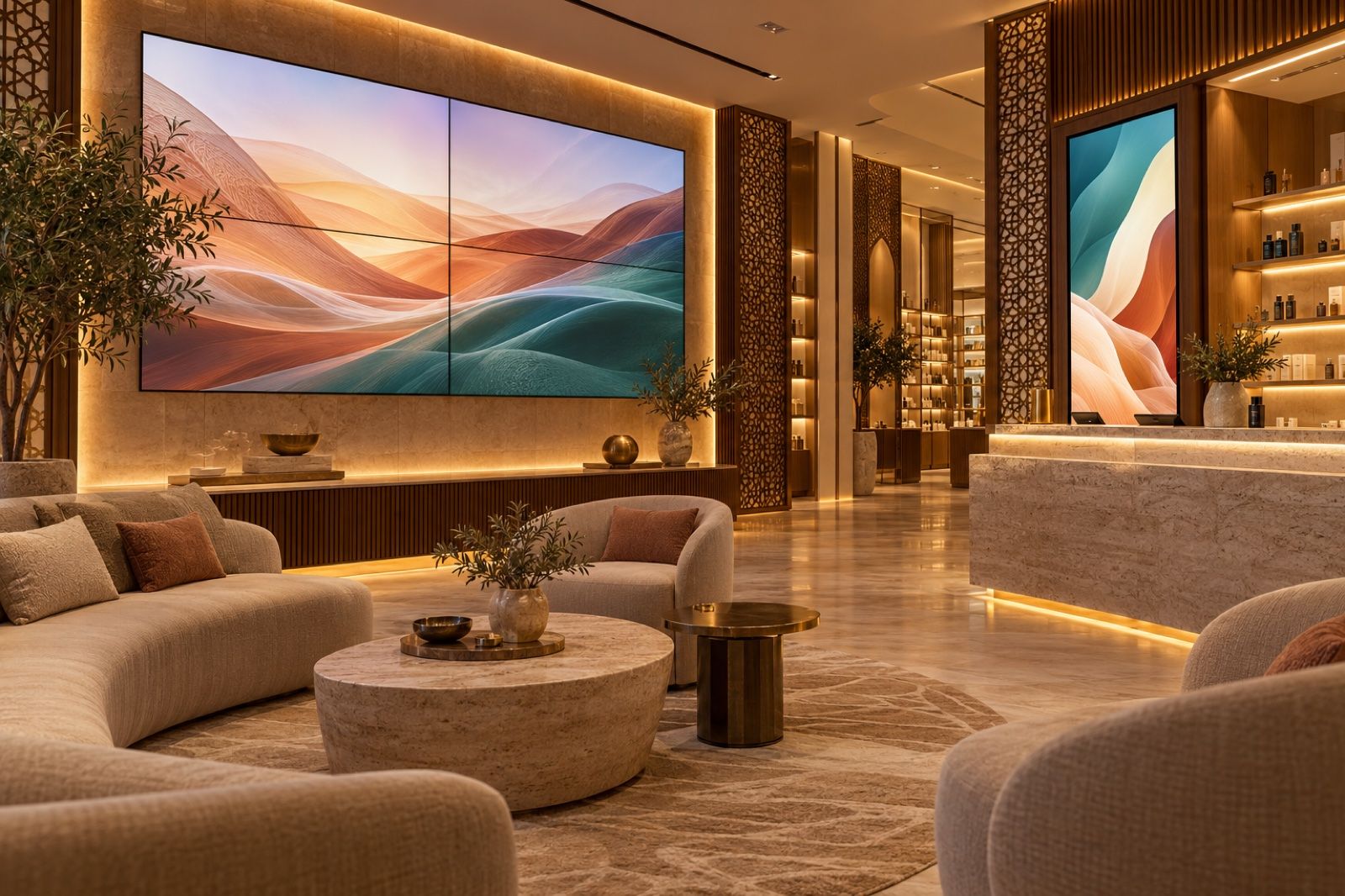 A modern Saudi shop interior with a video wall of synchronised screens and a vertical display near the counter
