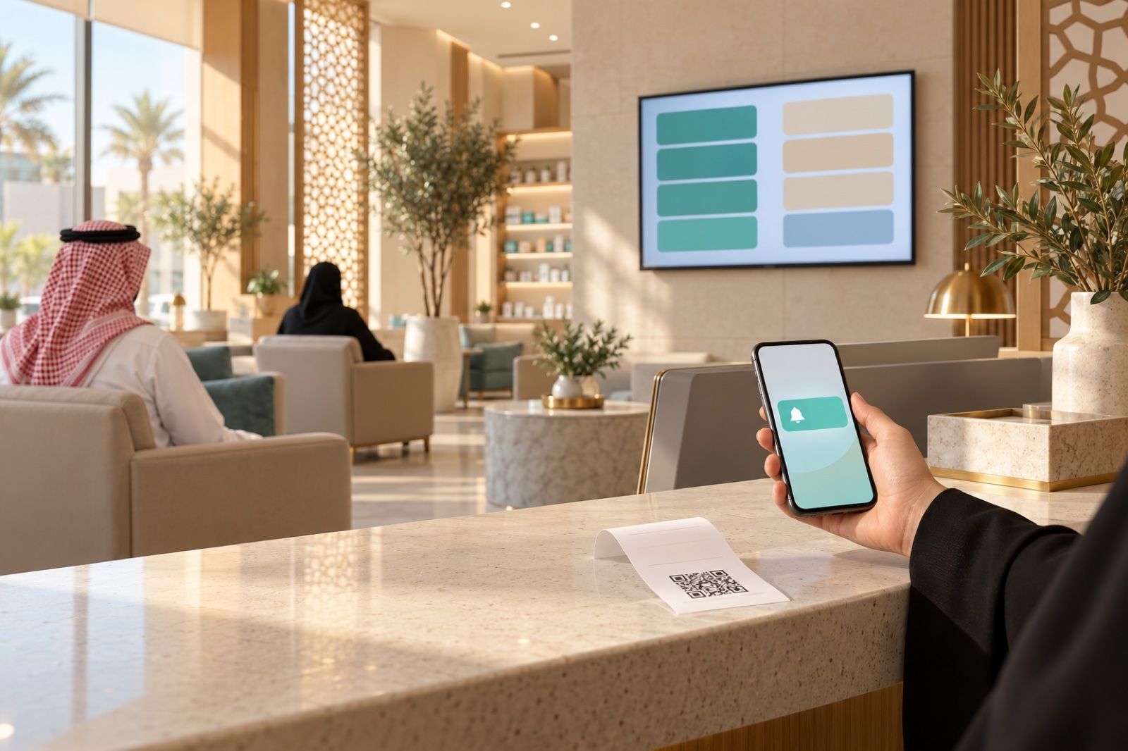 Bright Saudi clinic waiting area with a status display screen and a phone receiving a turn notification
