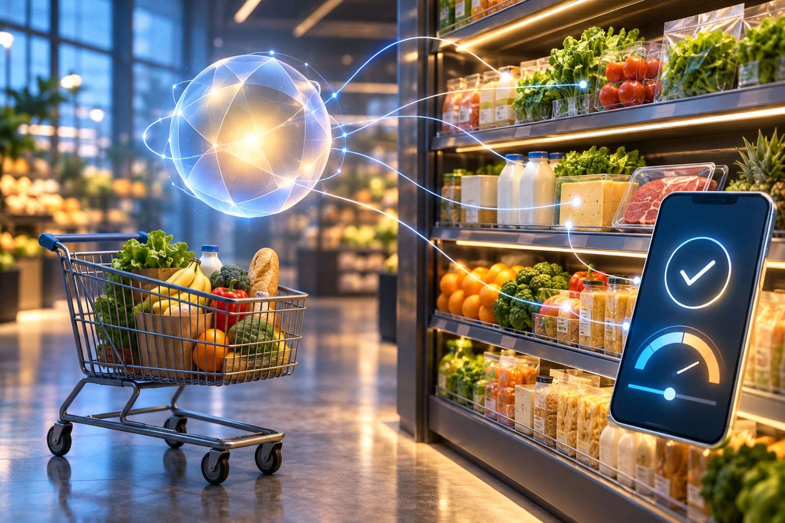Illustration of a glowing AI agent orb beside supermarket shelves and a cart, linked to products and a phone approval