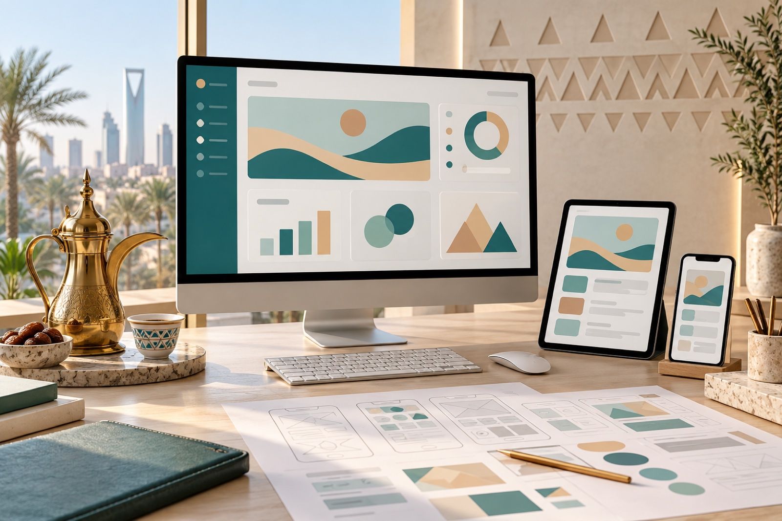A modern office desk with a monitor, tablet and smartphone showing abstract app interfaces next to wireframe sketches and Arabic coffee