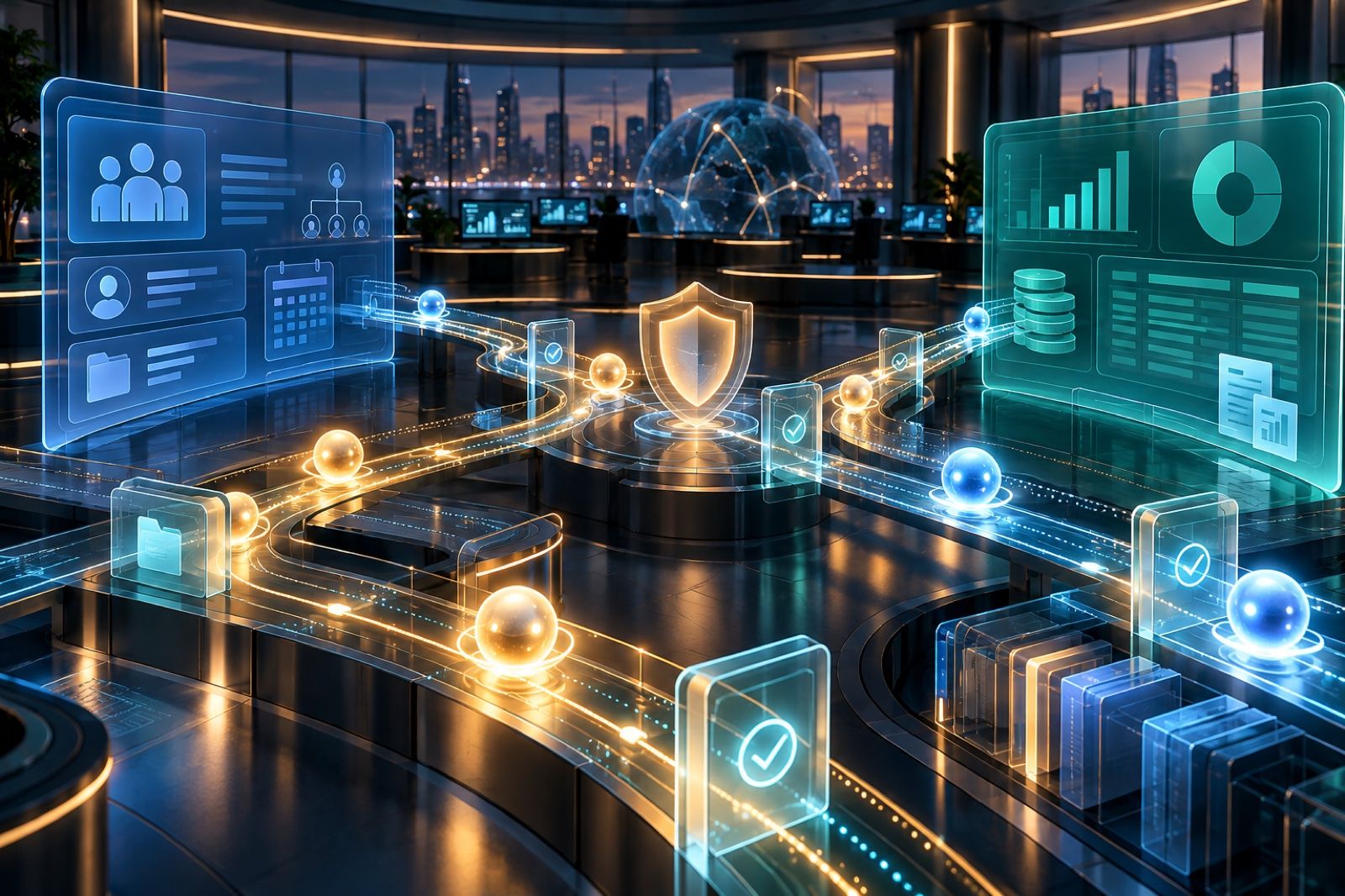 وكلاء ذكاء اصطناعي تتحرك عبر مسارات محكومة بين لوحات بيانات الموارد البشرية والمالية في غرفة تحكم مؤسسية
